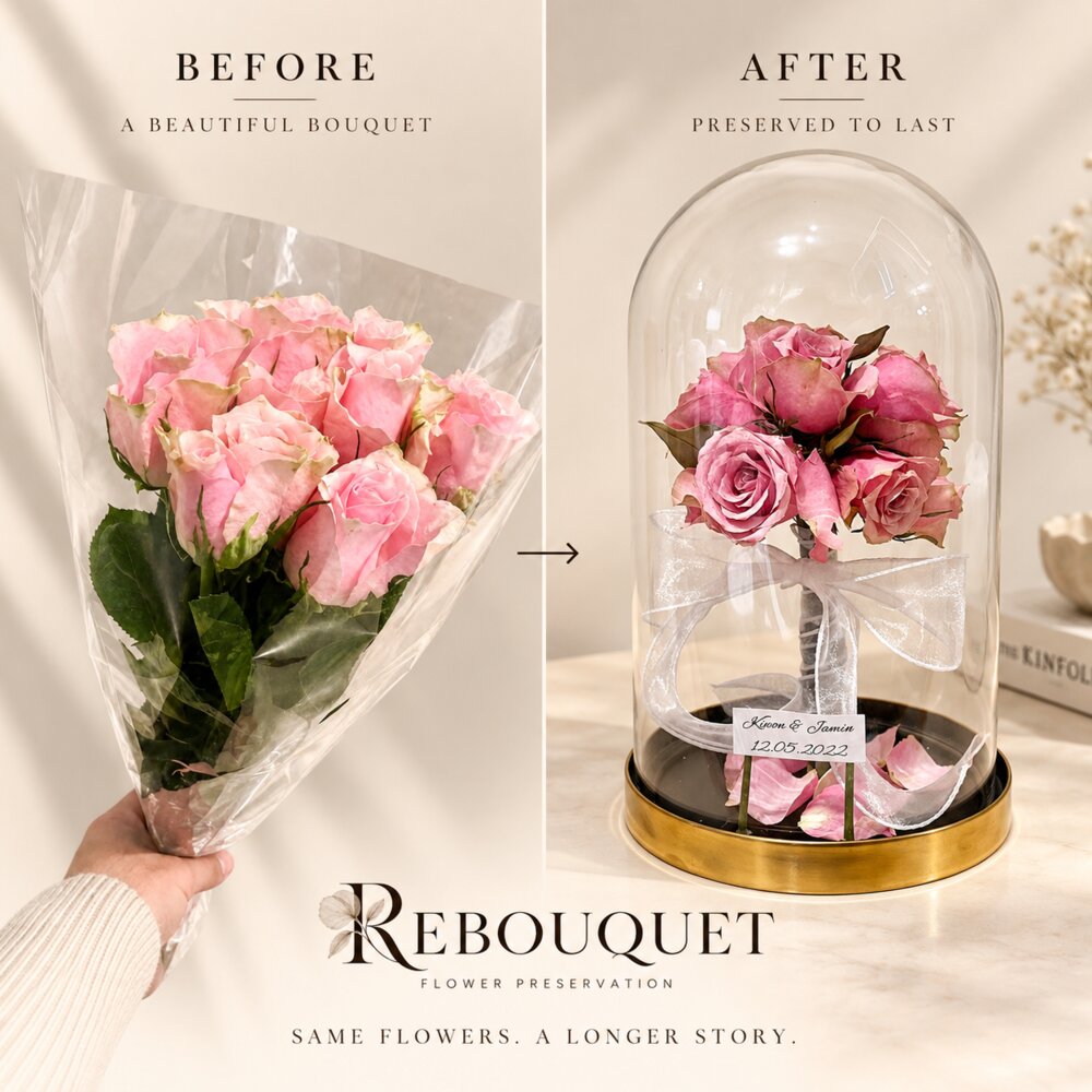Before and after: a fresh pink rose bouquet and its preserved version displayed in a glass dome keepsake