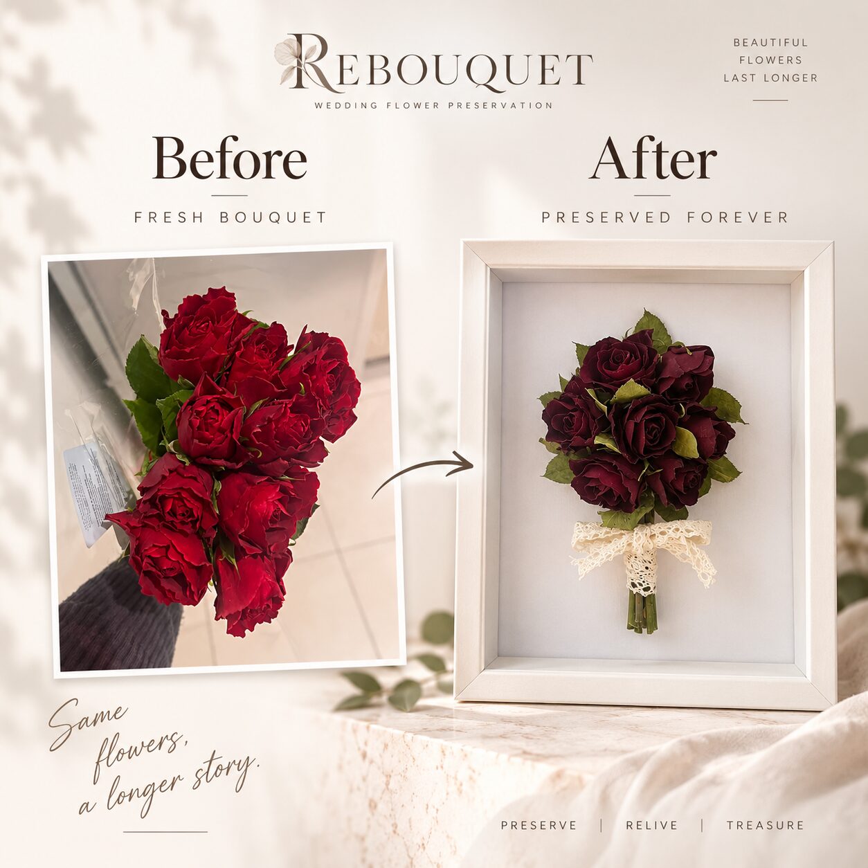 Before and after: a fresh red rose bouquet and its preserved version in a shadow box frame