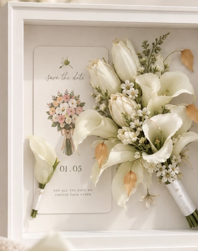 Preserved white tulip and calla lily bouquet in a white shadow box frame with save the date card